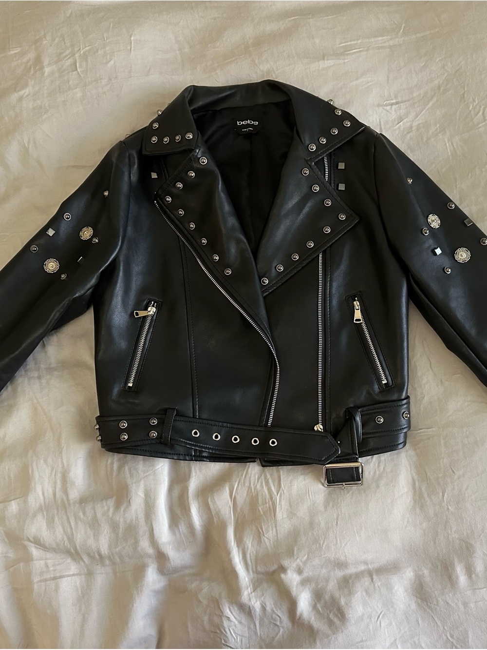 bebe Black Studded Faux Leather Moto Jacket
